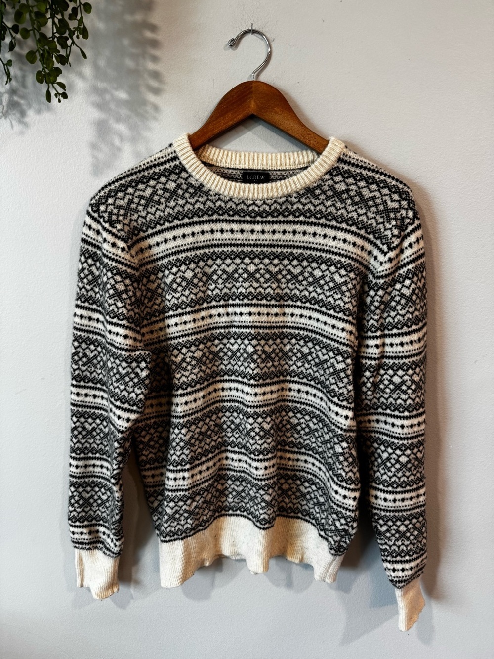 J. Crew Black & Cream Fair Isle Crewneck Sweater Sz M
